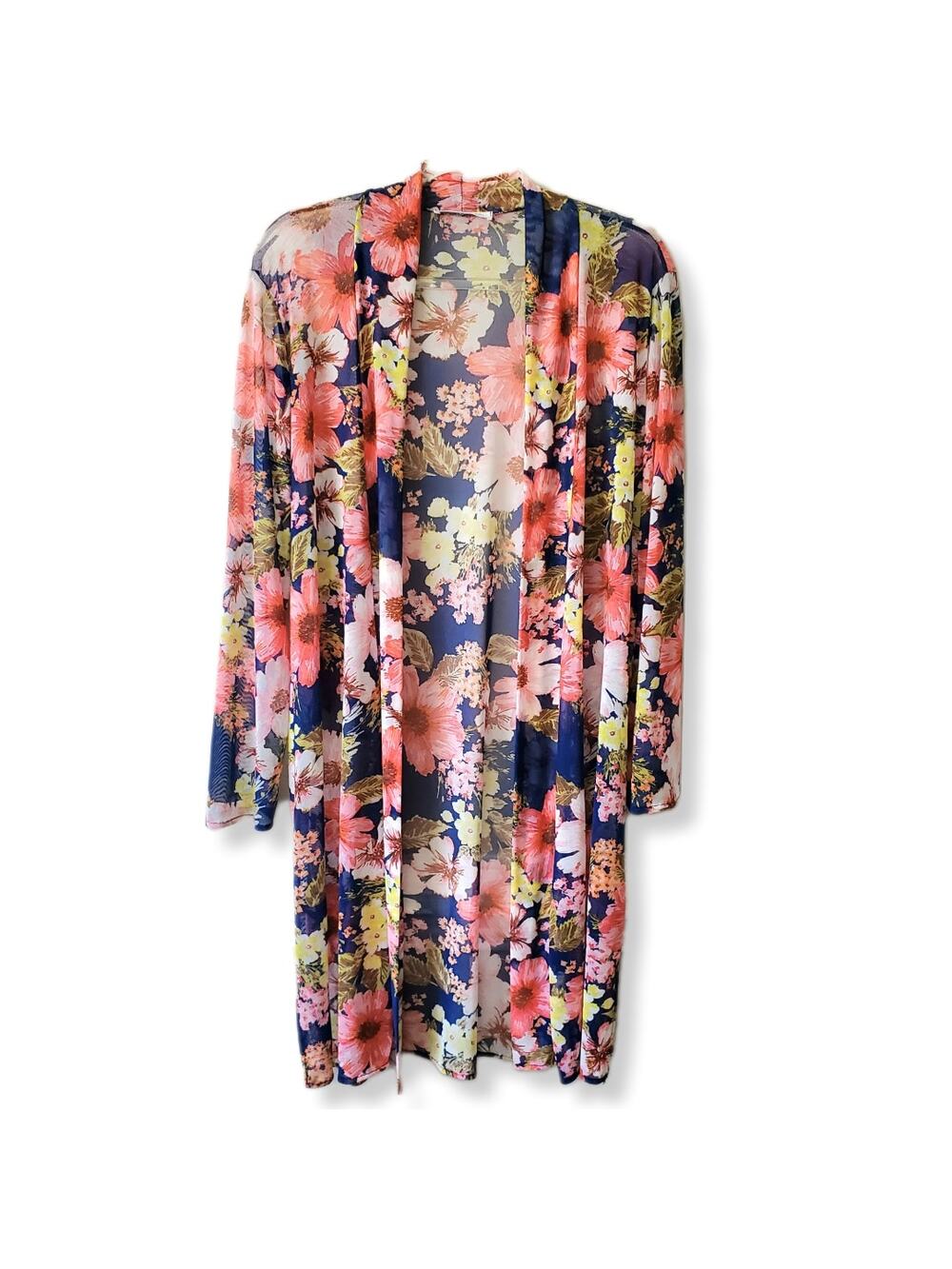 Women Floral Mesh Kimono Duster M Artsy Colorful Sheer Boho Hippie Romantic NEW